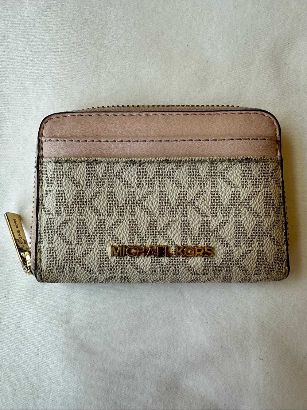 Michael Kors Jet Set Travel Zip Around Card Case Wallet Vanilla Powder Blush